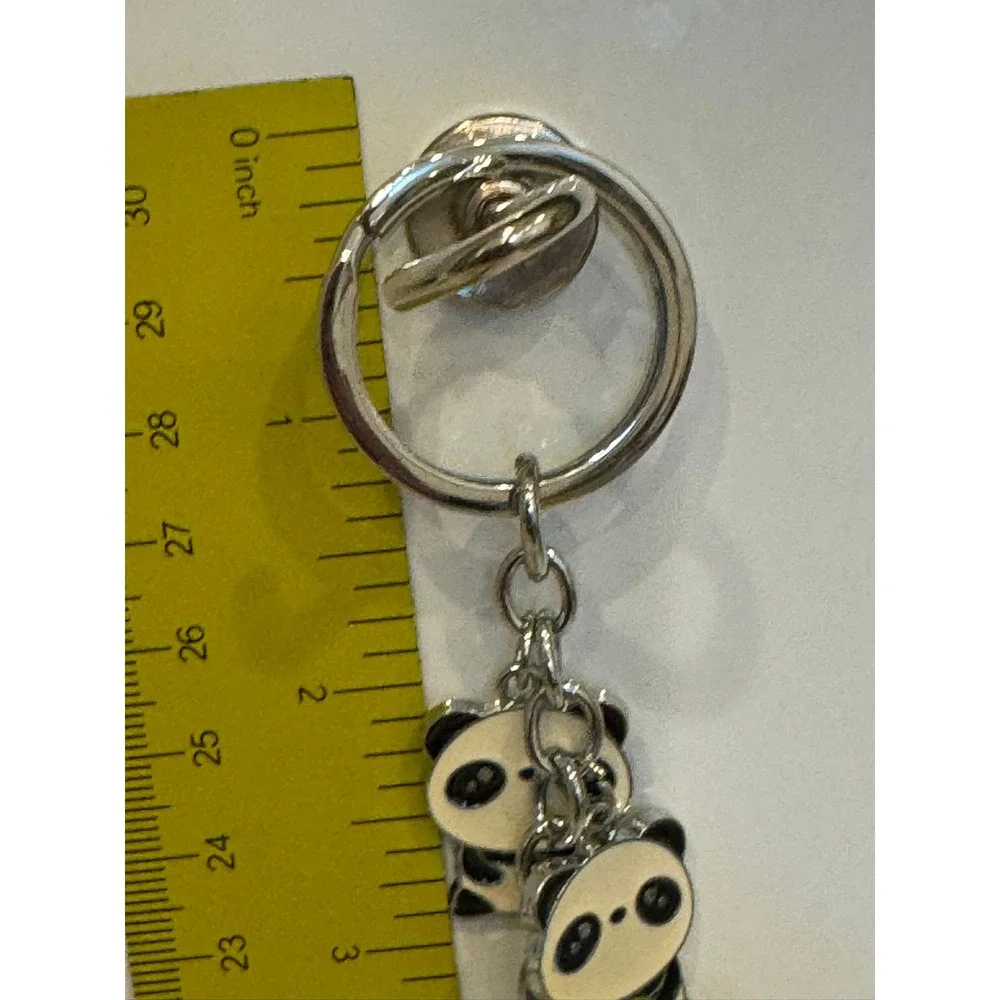 Kawaii Triple Panda Bear Enamel Charm Keychain Silver Tone Animal Key Ring